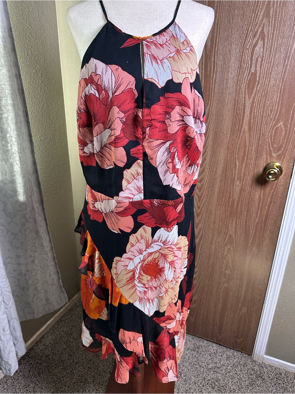 Guess Black Dress with Coral and Peach Floral High-Low Hem